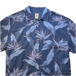 Jamaica Jaxx Hawaiian Shirt Silk Blue Leaves Tropical Square Button Mens XXL 2XL